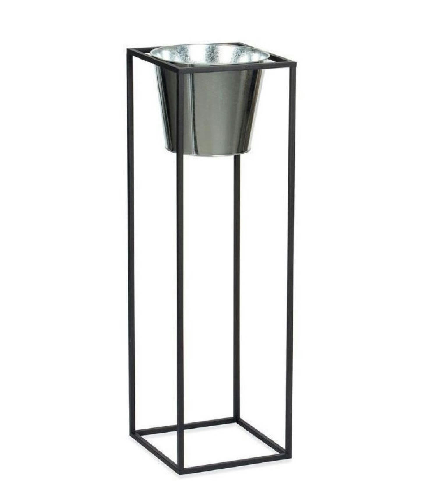 MÉTAL - Cache-pot sur pied en métal noir et pot argenté H80cm