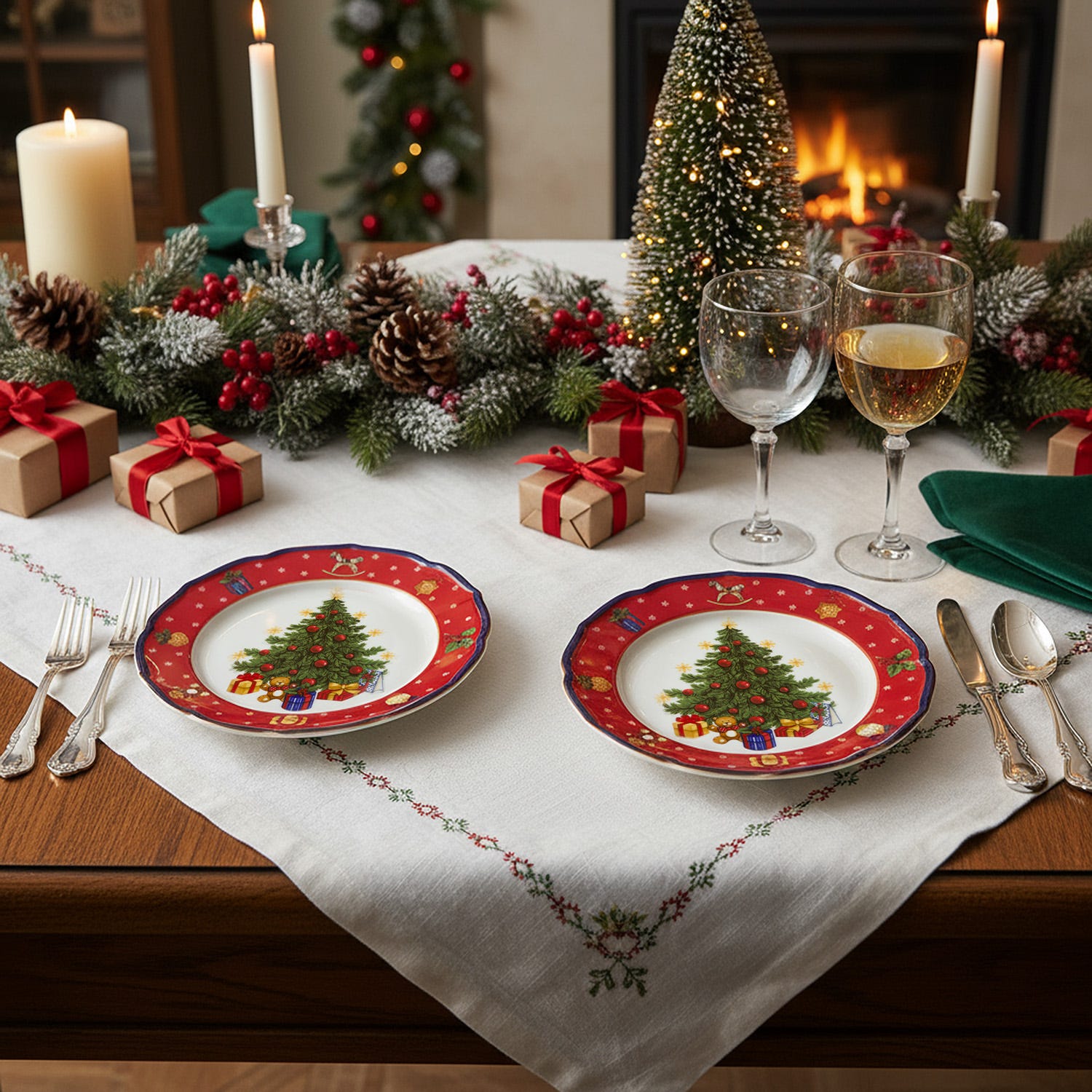 Set 2 piatti frutta albero Natale rosso porcellana