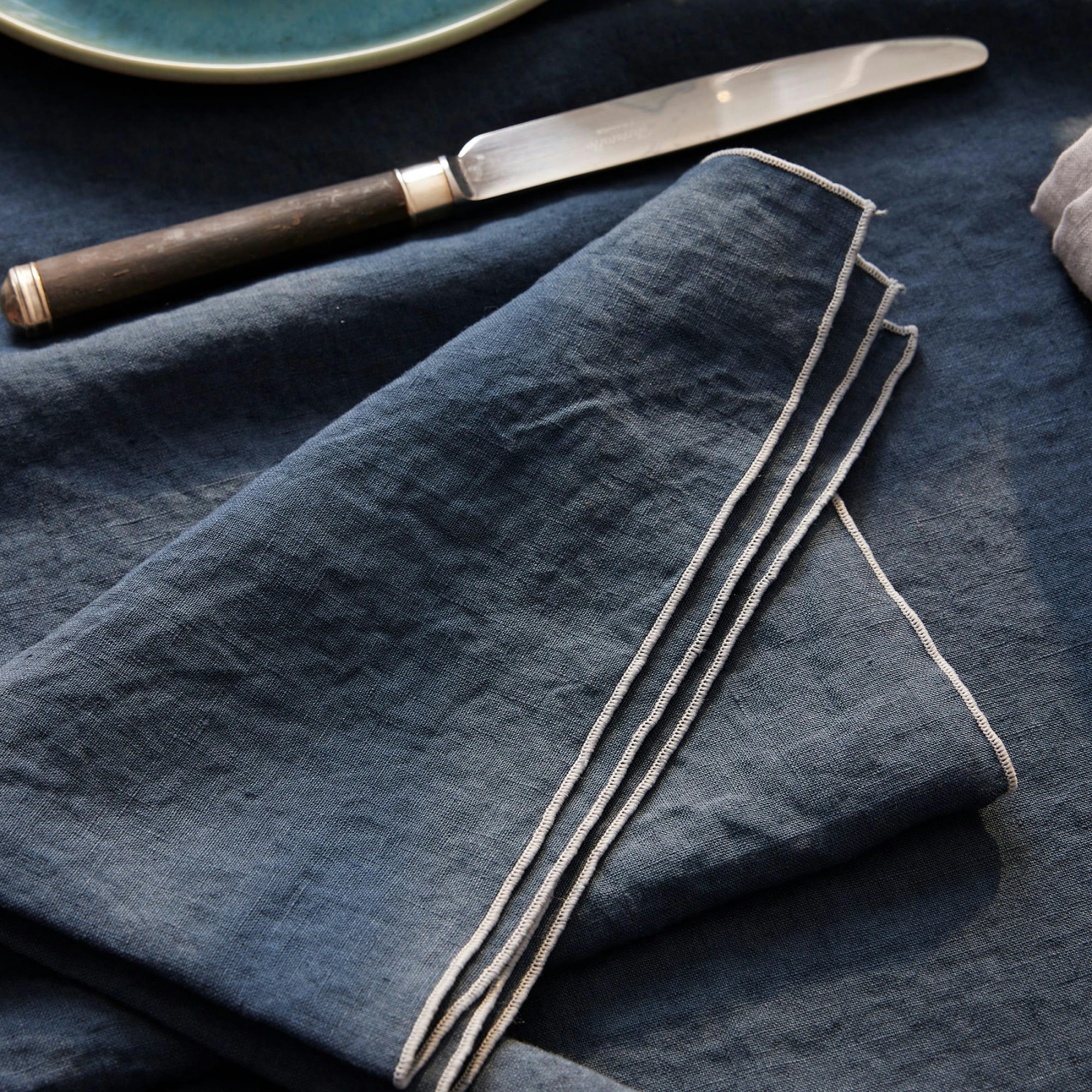 AUTOUR DU LIN - Lot de 2 serviettes de table en lin lavé 45x45cm Bleu Nuit, Gris Clair