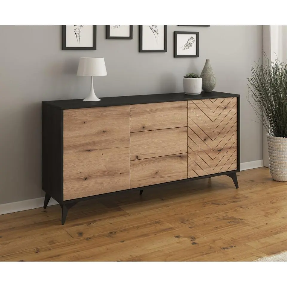 Meubella - Dressoir Dolores - Eiken - Zwart - 154 cm - met lades