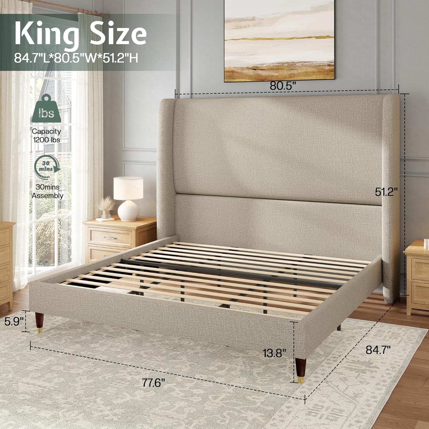 Jocisland King Upholstered Platform Bed Frame with 51.2 Tall Wingback Headboard–Solid Wood Legs, No Box Spring Needed, Brown Linen–Modern Style for Any Bedroom