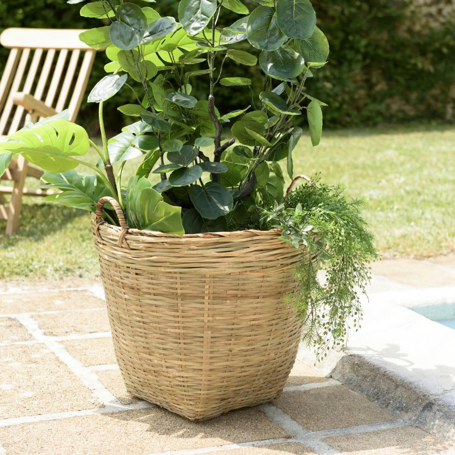 HANS - Pot de fleur rond D60 en bambou naturel avec anses