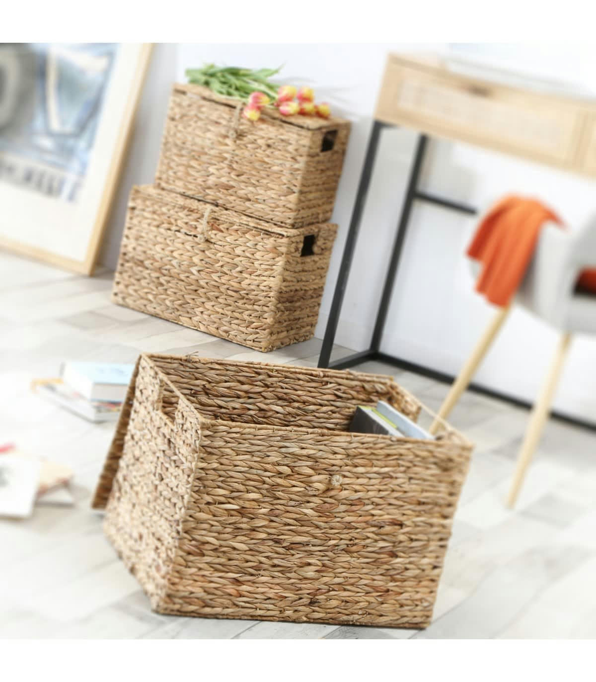 - Lot de 3 Coffres en Jacinthe d'Eau avec Couvercle - Marron