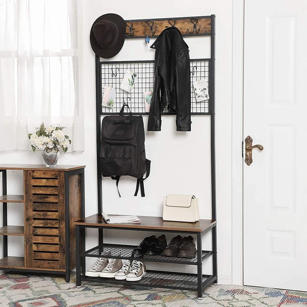 Metal Coat Rack with Wooden Bench, Two Mesh Shelves and Grid Panel, Brown and Black