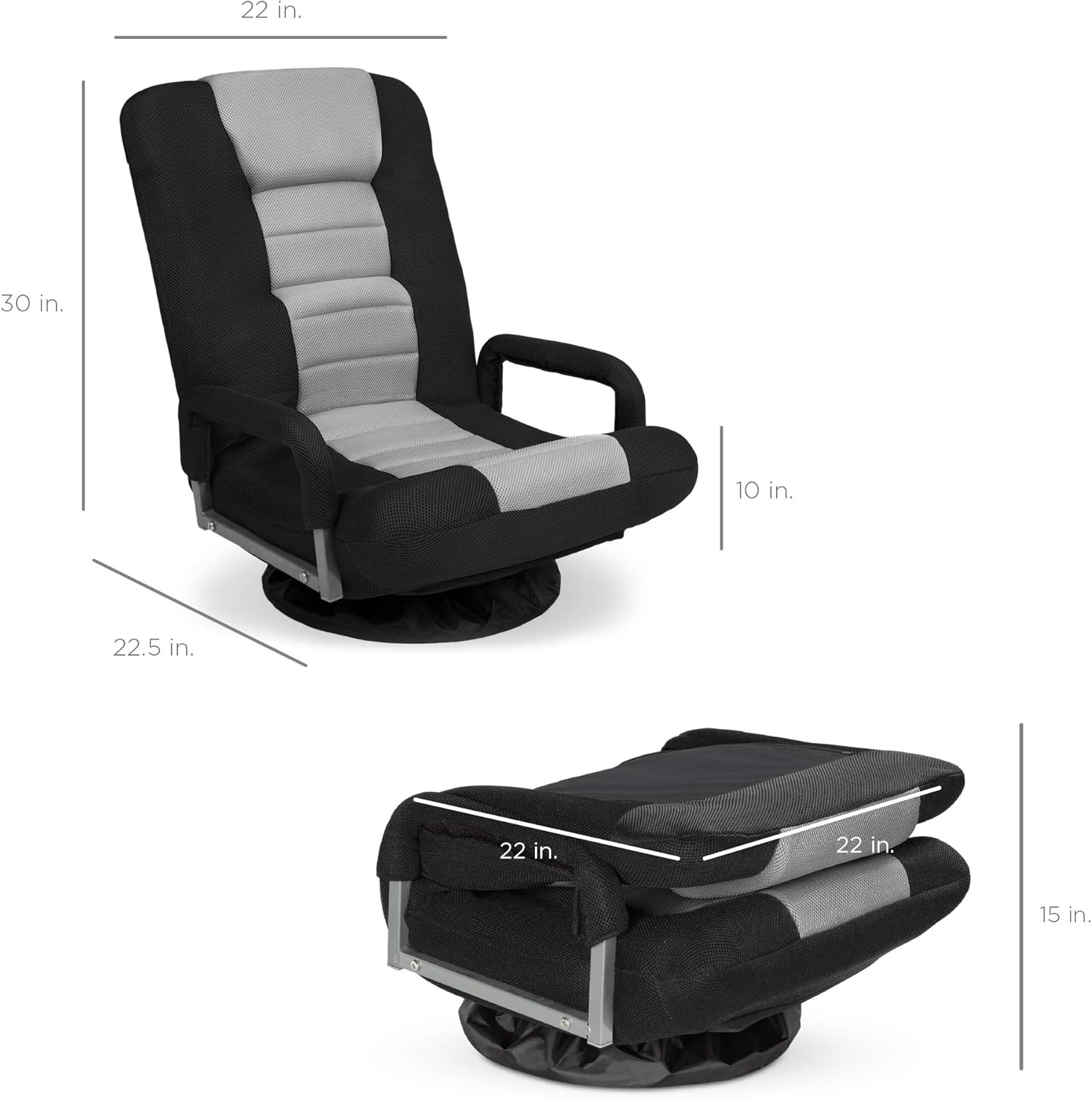 Best Choice Products Swivel Gaming Chair 360 Degree Multipurpose Floor Chair Rocker for TV, Reading, Playing Video Games w/Lumbar Support, Armrest Handles, Adjustable Foldable Backrest - Black/Gray
