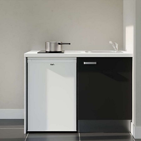 Kitchenette K08 façades Noir - Plan de travail Blanc - Crédences : Non - Evier inox - Electroménager Blanc inclus