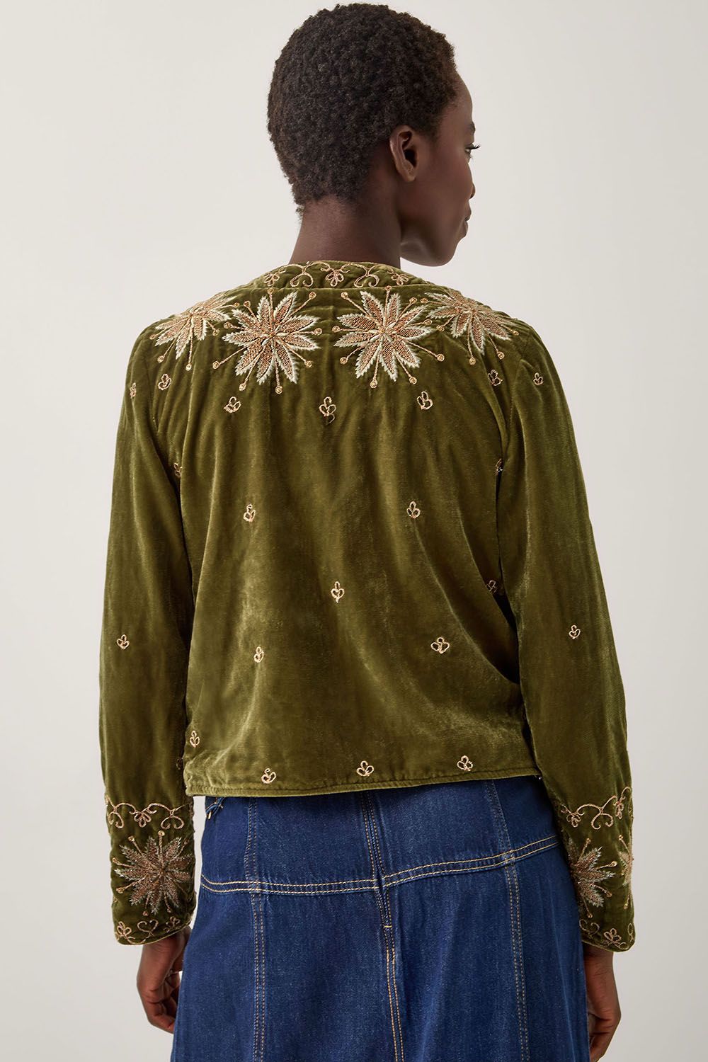 Monsoon Magda Floral Embroidered Velvet Jacket Green