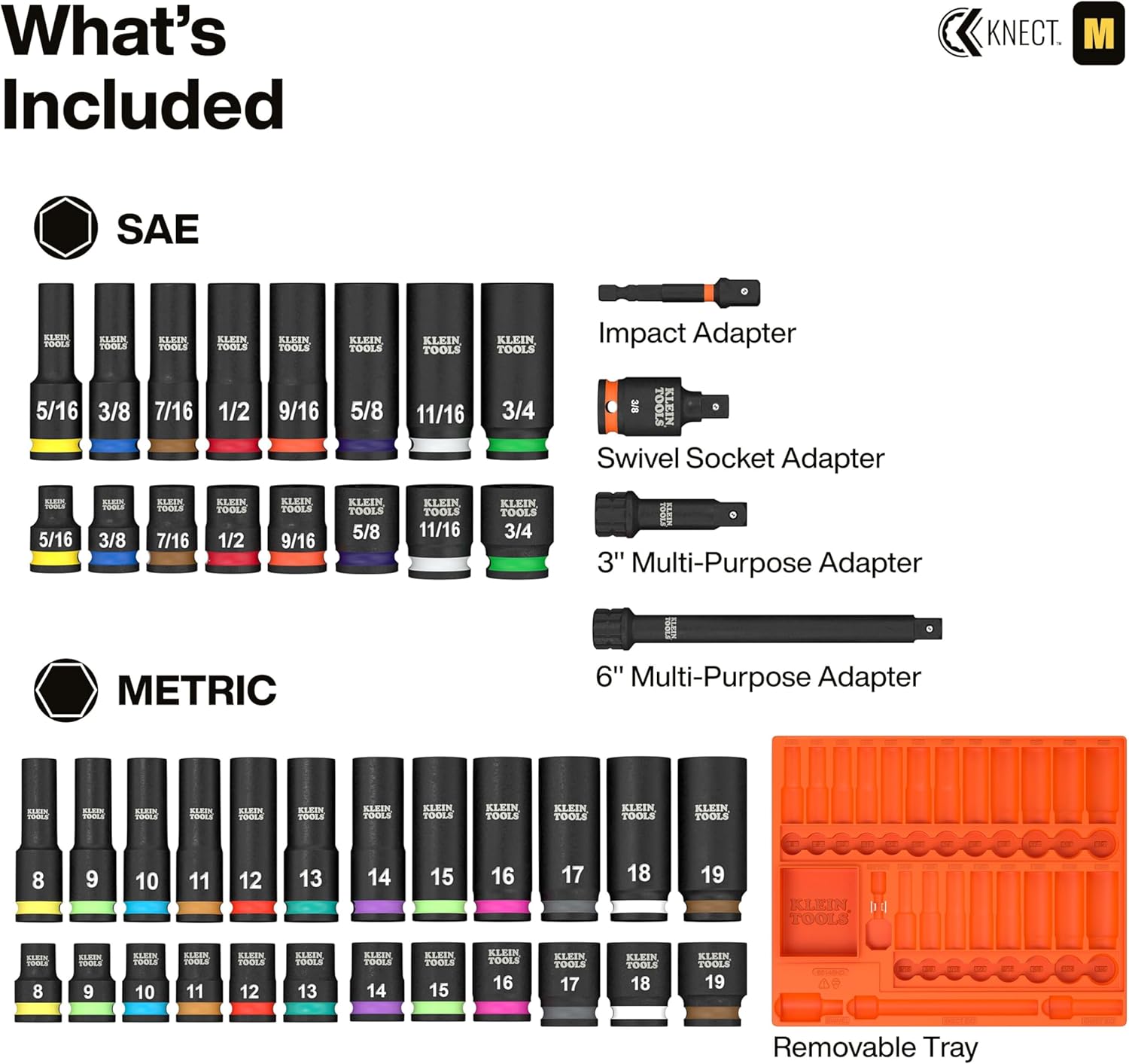 Klein Tools 65148HD KNECT Deep-Well and Shallow Impact Socket Set, 3/8-Inch Drive, SAE and Metric, 44-Piece Tool Set, Impact Driver, Swivel Adapter, Wrench Extensions, Removable Socket Organizer
