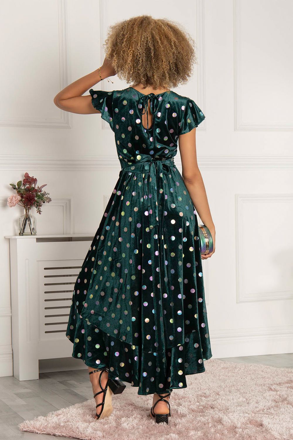 Jolie Moi Frill V Neck Velvet Dress
