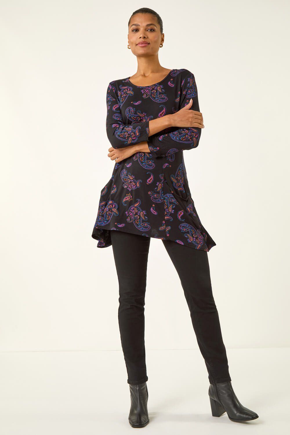 Roman Paisley Pocket Detail Stretch Tunic Swing Top