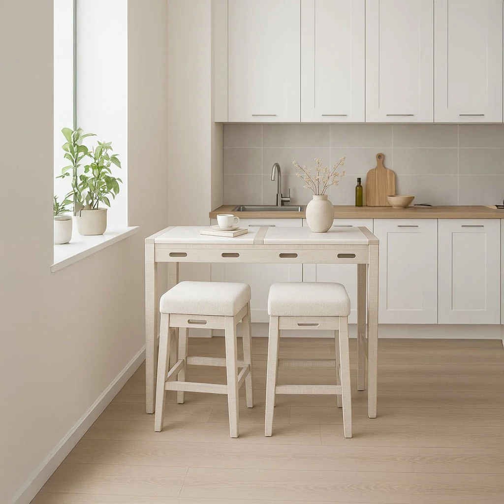 Mesa Alta Madeira e Mármore com bancos ENLACE