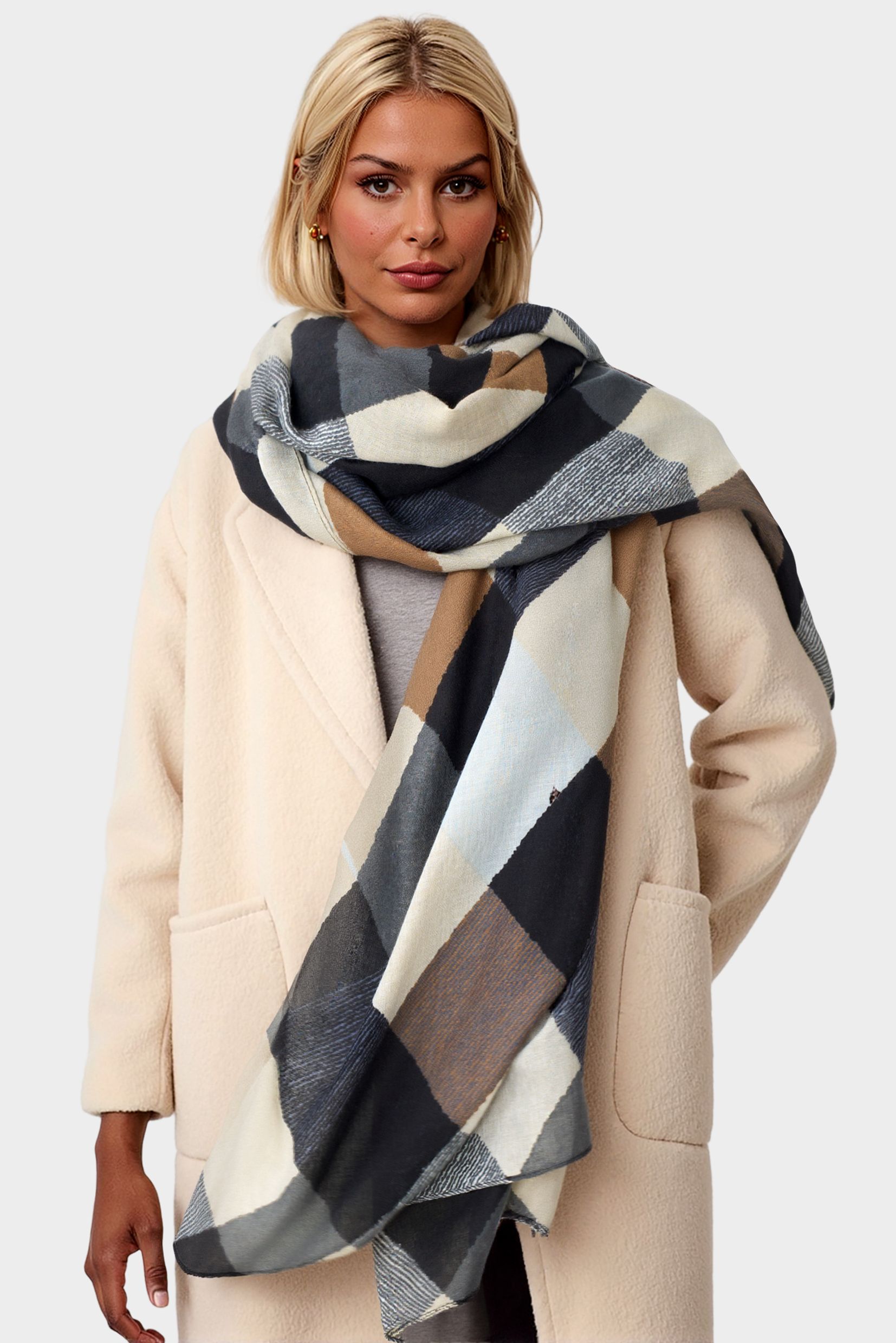 FS Collection Geo Print Scarf In Brown & Black & Grey