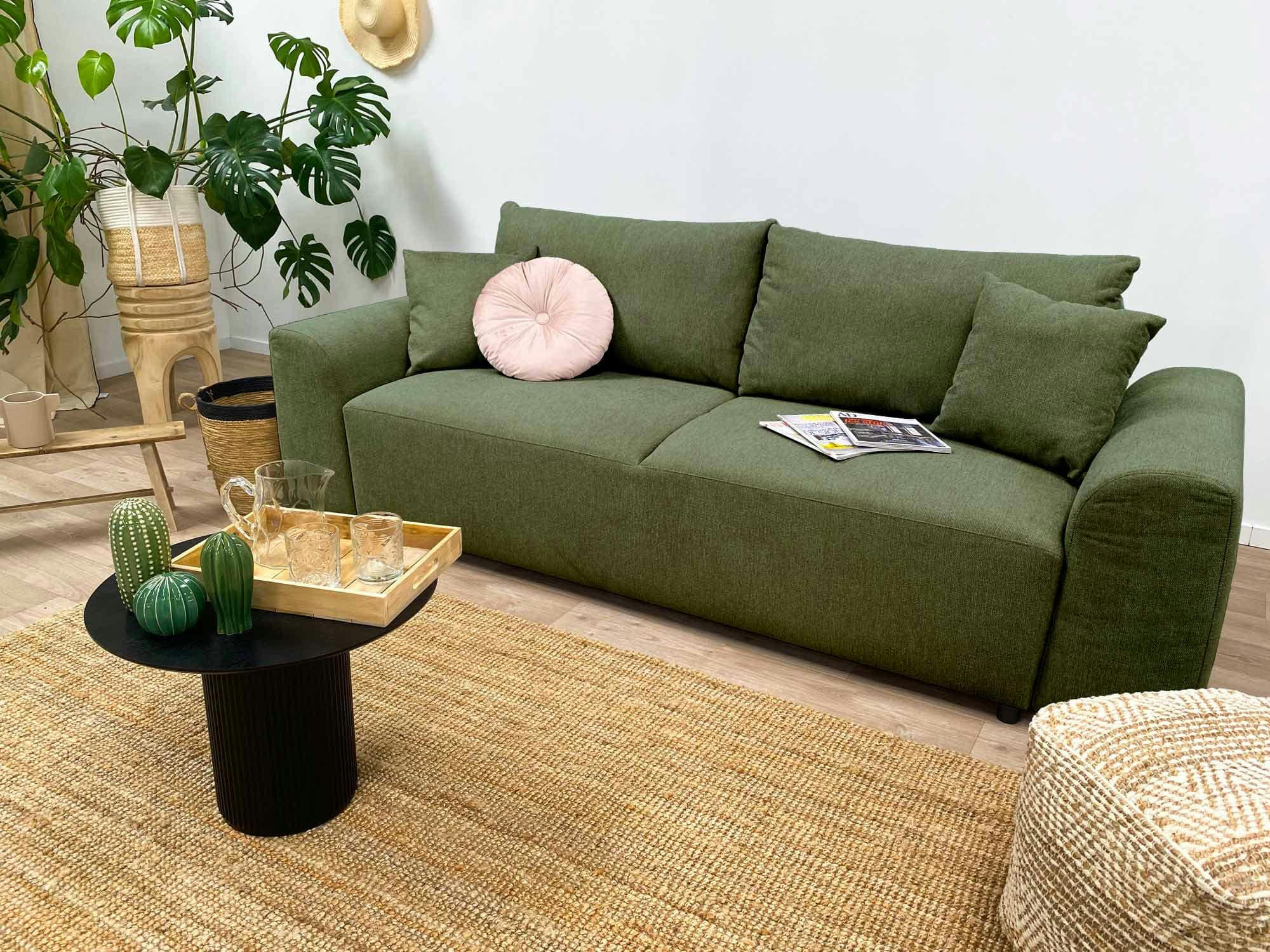 AMARYLLIS - Canapé droit convertible 3 places en tissu vert