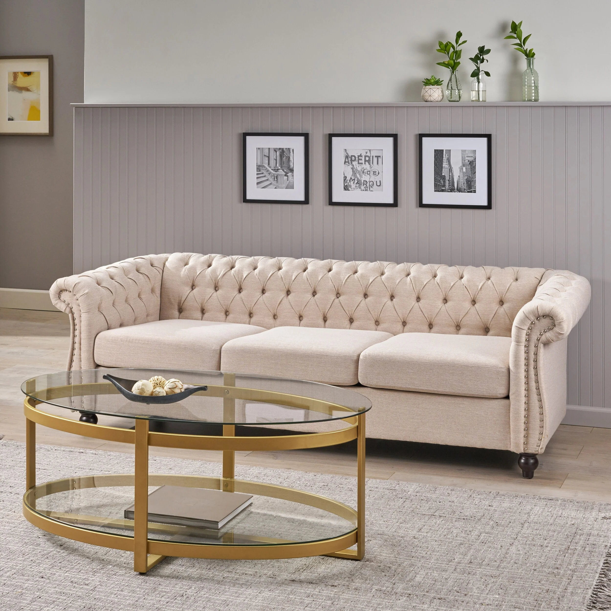 Beige Chesterfield 84.75 Button Tufted Upholstered 3-seater Sofa with Nailheads and Wood Legs