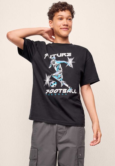 Older Boys Black Cotton Football T-Shirt