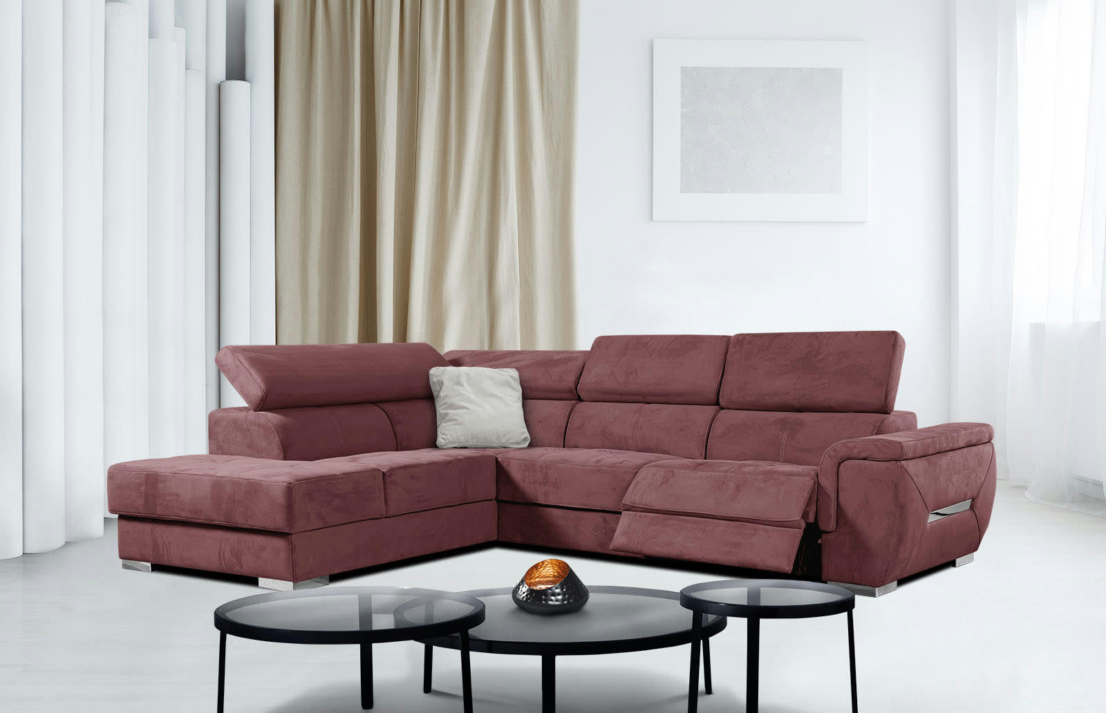 KELTE - Canapé d'angle gauche 5 places avec une relaxation tissu rouge