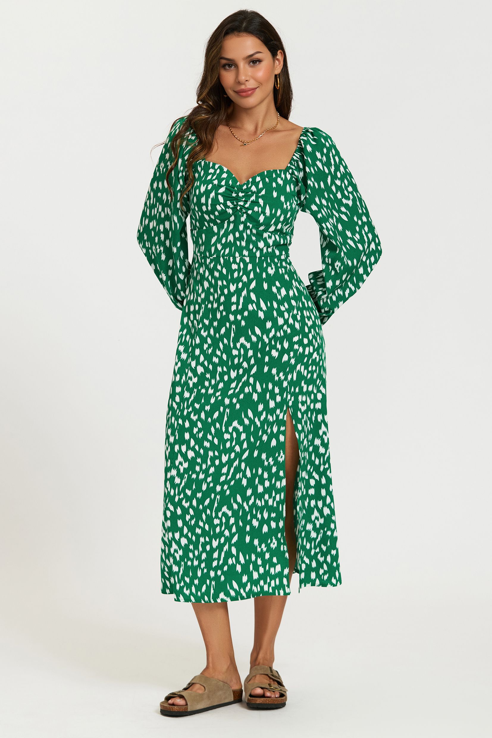 FS Collection Brushstroke Print Long Sleeve Heart Neckline Midi Dress In Green