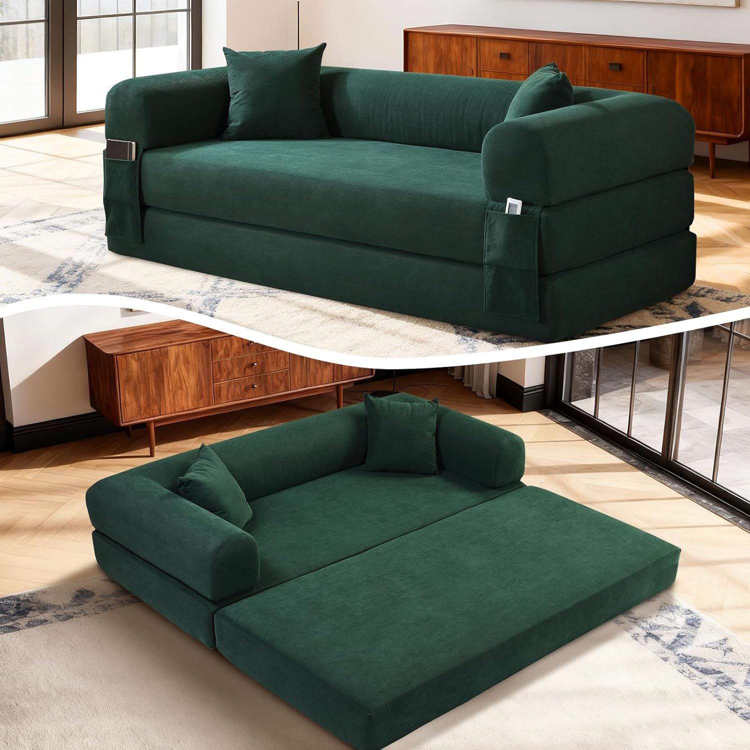 4-in-1 Folding Convertible Sofa Bed, 80 Inch Corduroy Upholstered Boneless Couch, Loveseat Sleeper with Pull Out Bed, Floor Sofa Modular Futon Teddy Sofa for Living Room Bedroom Lounge, Deep Green