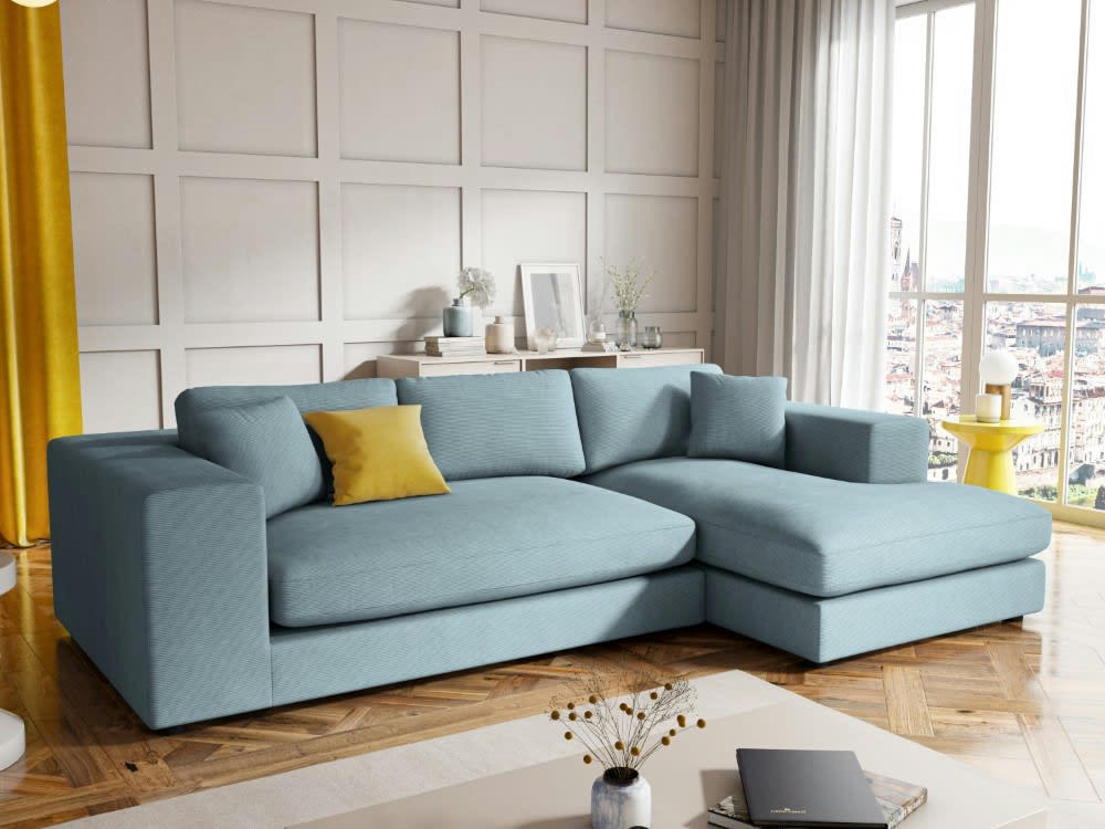 TENDANCE - Canapé d'angle 5 places en tissu structuré bleu clair