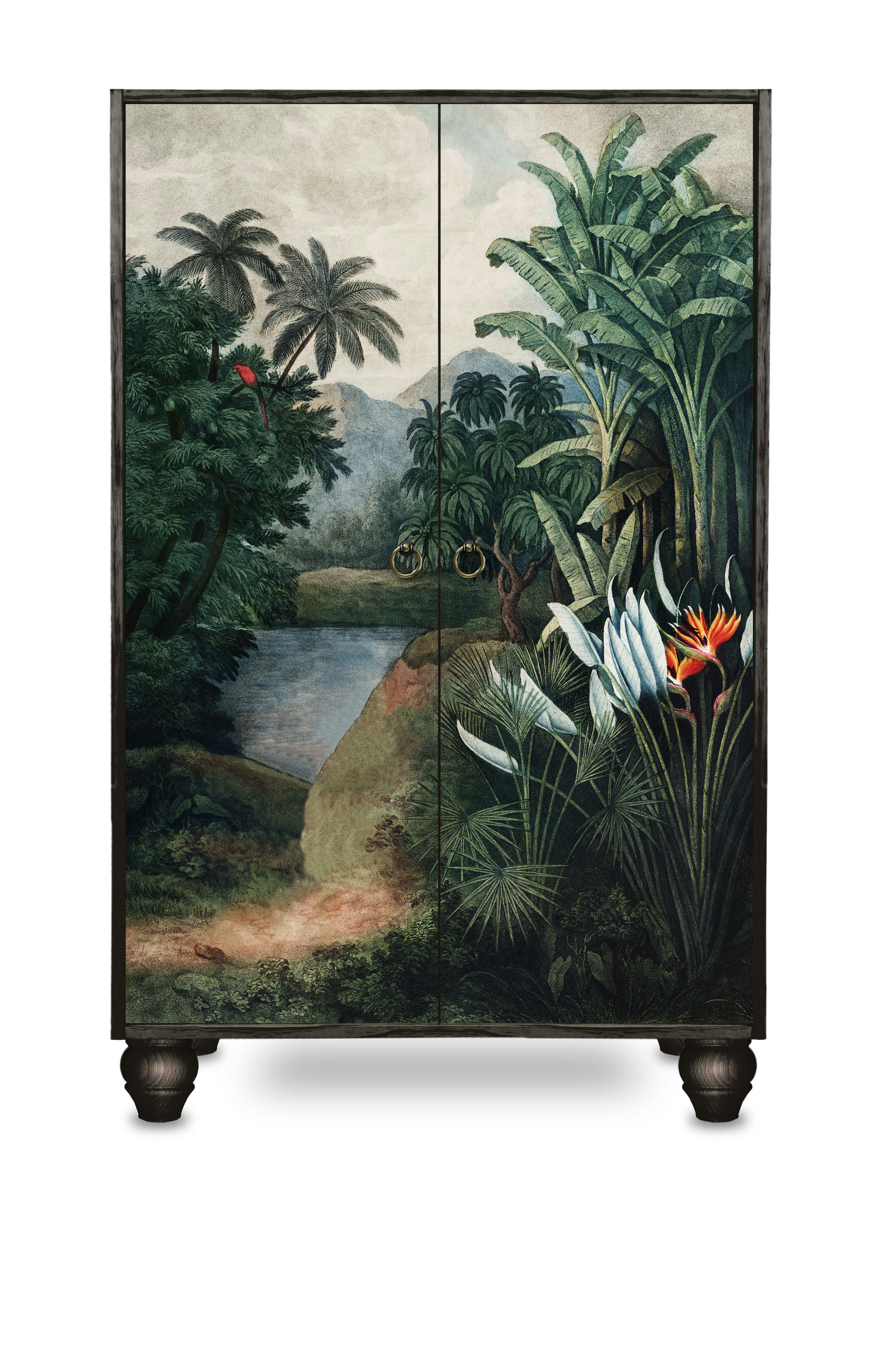 TROPICAL JUNGLE - Buffet armoire en pin massif imprimé tropical sur fond noir.