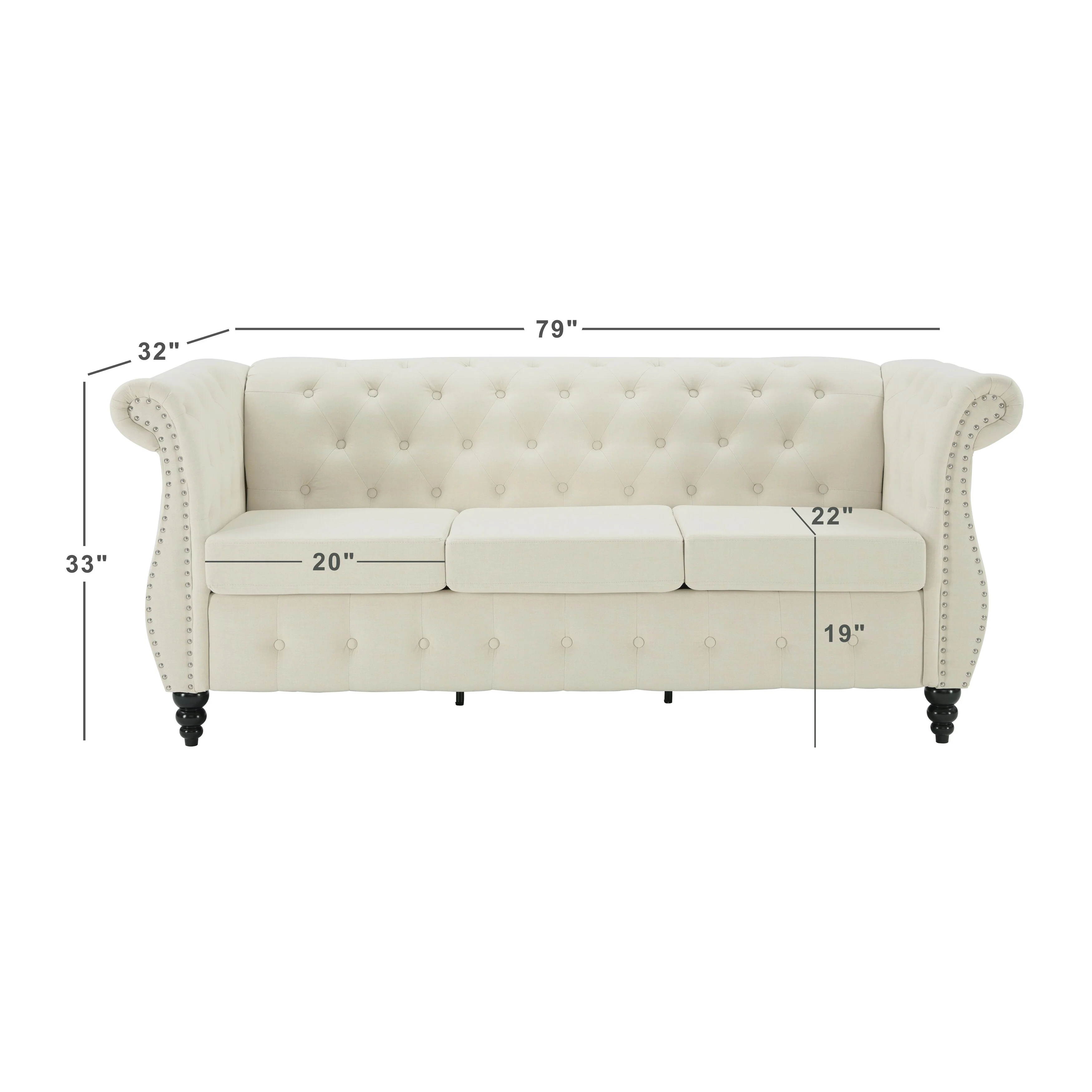 Beige 79'' Linen 3-Seater Sofa with Button Tufting, Rolled Arms, Nailhead Trim, and Turned Wooden Legs