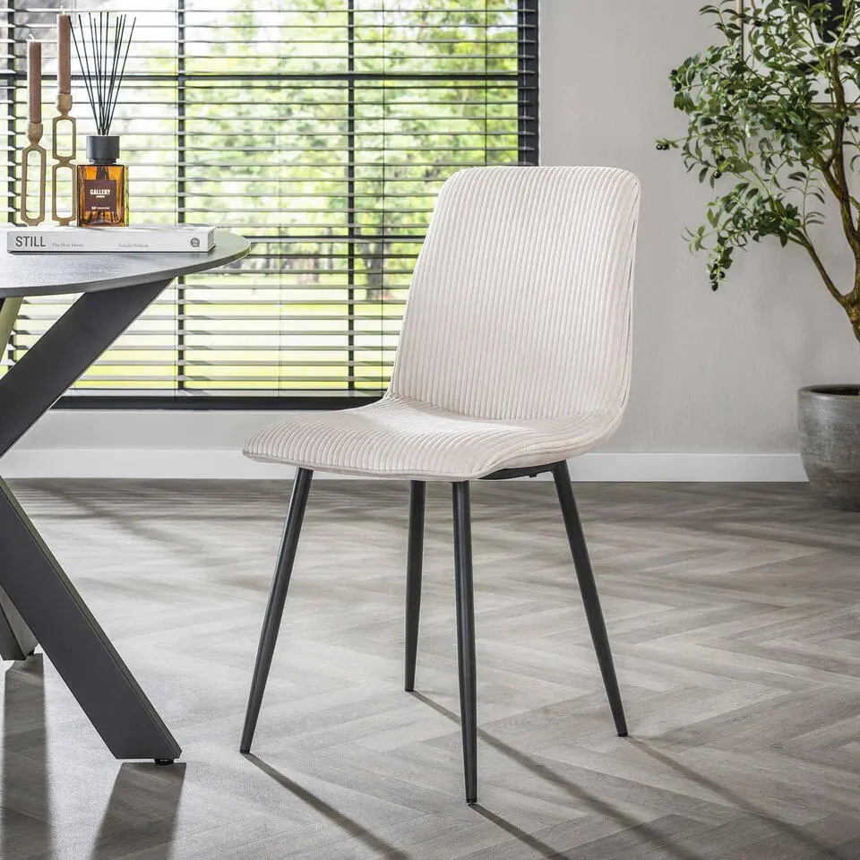 Eetkamerstoel - Cr&egrave;me Ribstof - Zithoogte 49cm - Rib Rock - Set van 4