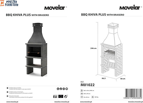 MOVELAR - Barbecue en Béton pour Bois/Charbon KHIVA PLUS avec Grille (Gris Foncé - 86,5x58x246 cm) M01022 - Extérieur
