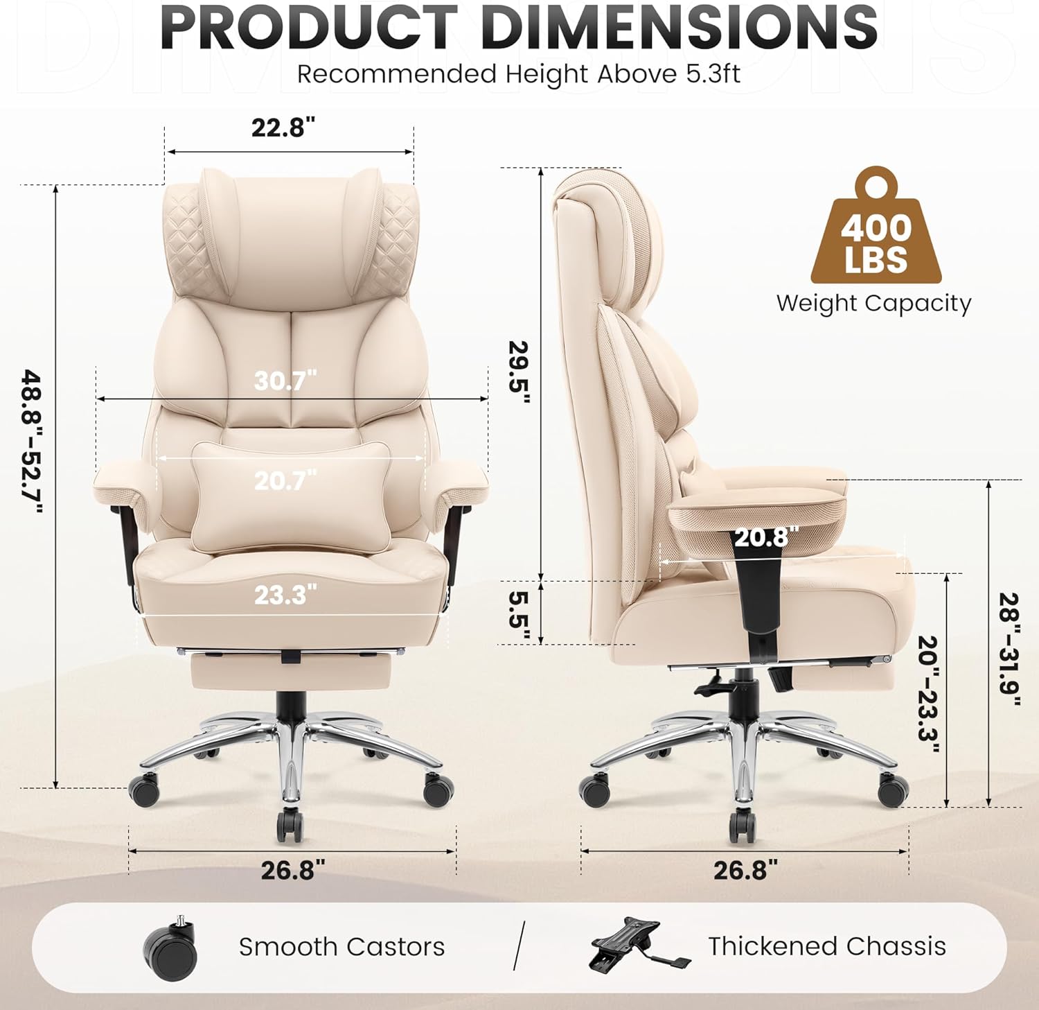 BestGlory Office Desk Chair, Big and Tall Leather Gaming Chair with Footrest, Wide Ergonomic Comfy Executive High-Back Reclining Computer Chairs, Swivel Rolling Wheels and Padded Lumbar Support, Beige