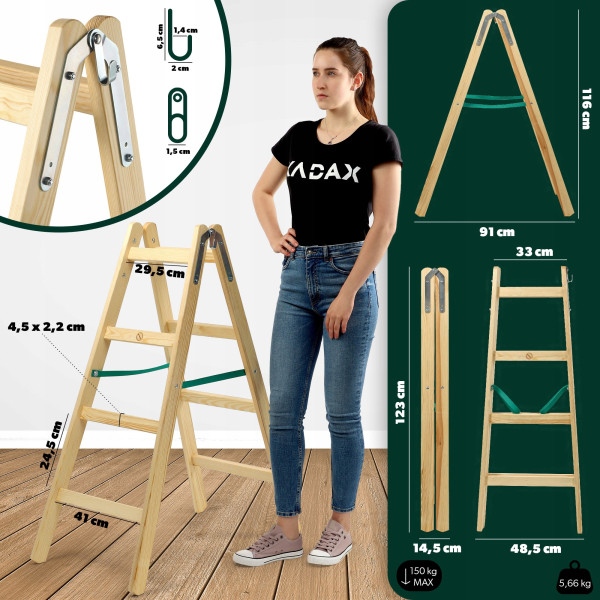 Kadax Drabina Drabinka Drewniana Dwustronna 2x4