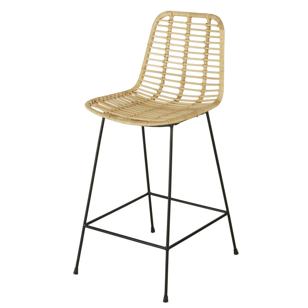 Anoki - Chaise de bar en rotin et métal noir H77