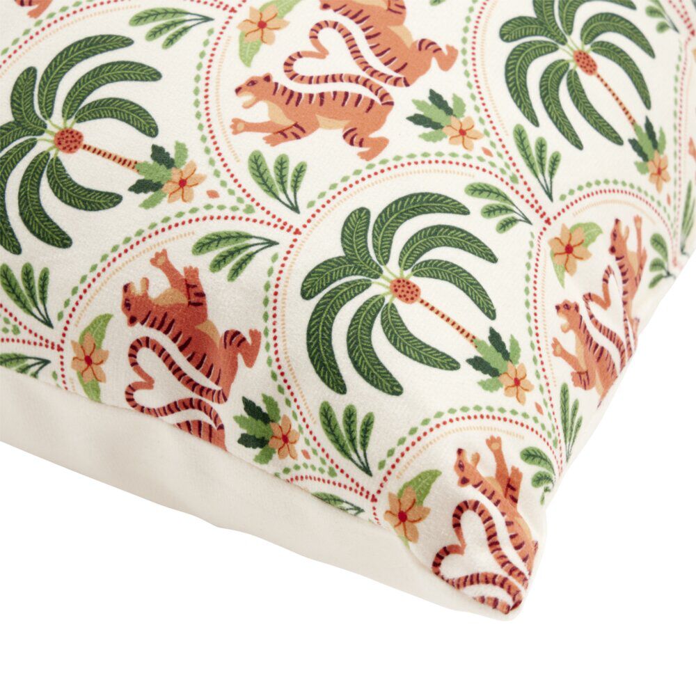 Coussin carré style ethnique motifs palmiers et tigres queues forme coeur 40x40cm