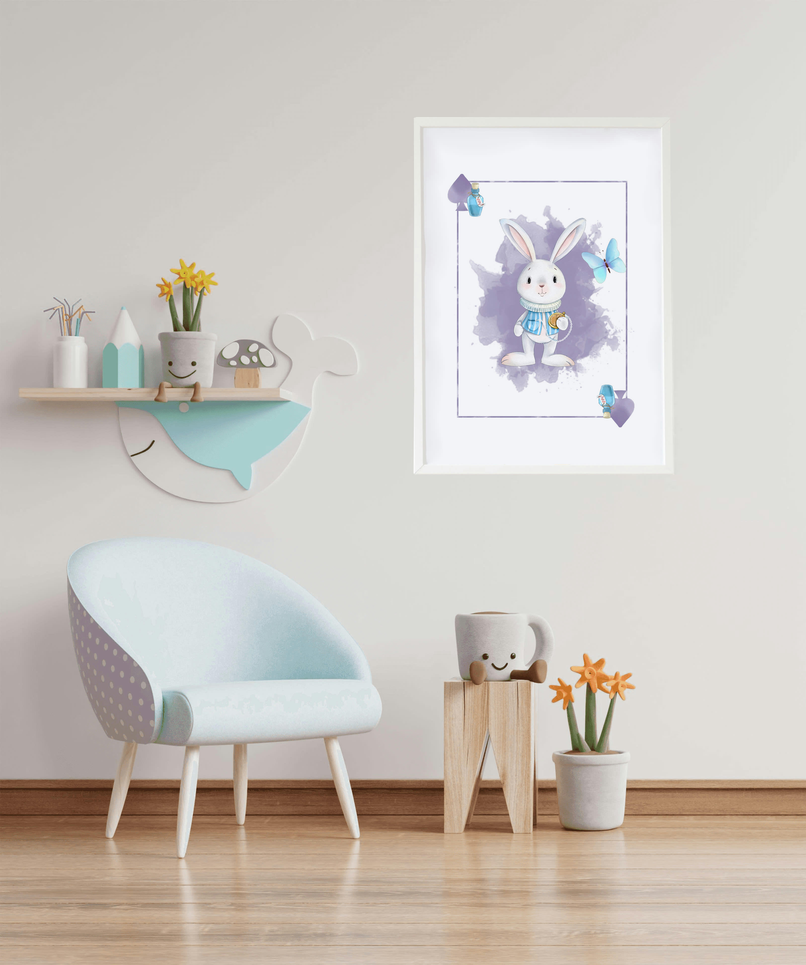 DECOWALL - Impression lapin Alice encadrée en bois blanc 43X33 cm