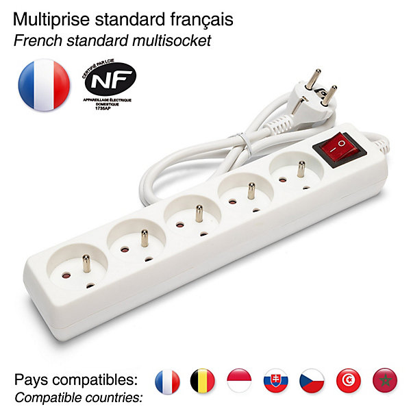 Bloc multiprise 5x16A avec interrupteur, 1m, CE &NF