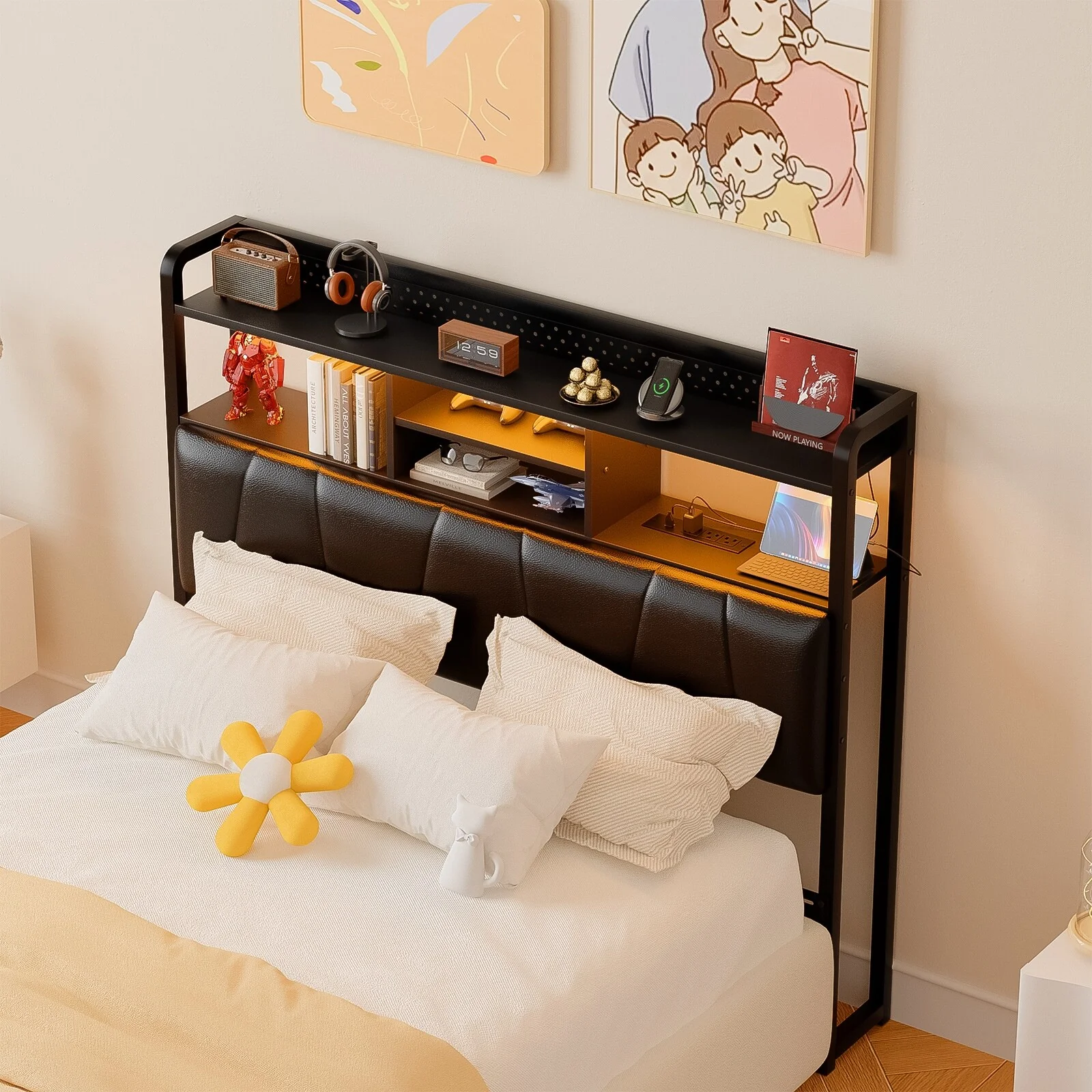 Upholstered Headboard with Pegboard and Charging Station, Storage Headboard Shelves and LED Light