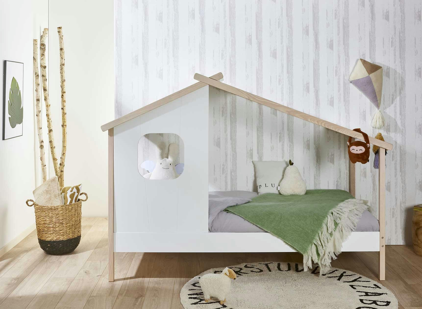 ALBA - Lit Cabane avec fenêtre 90 x 200 Blanc et Pin