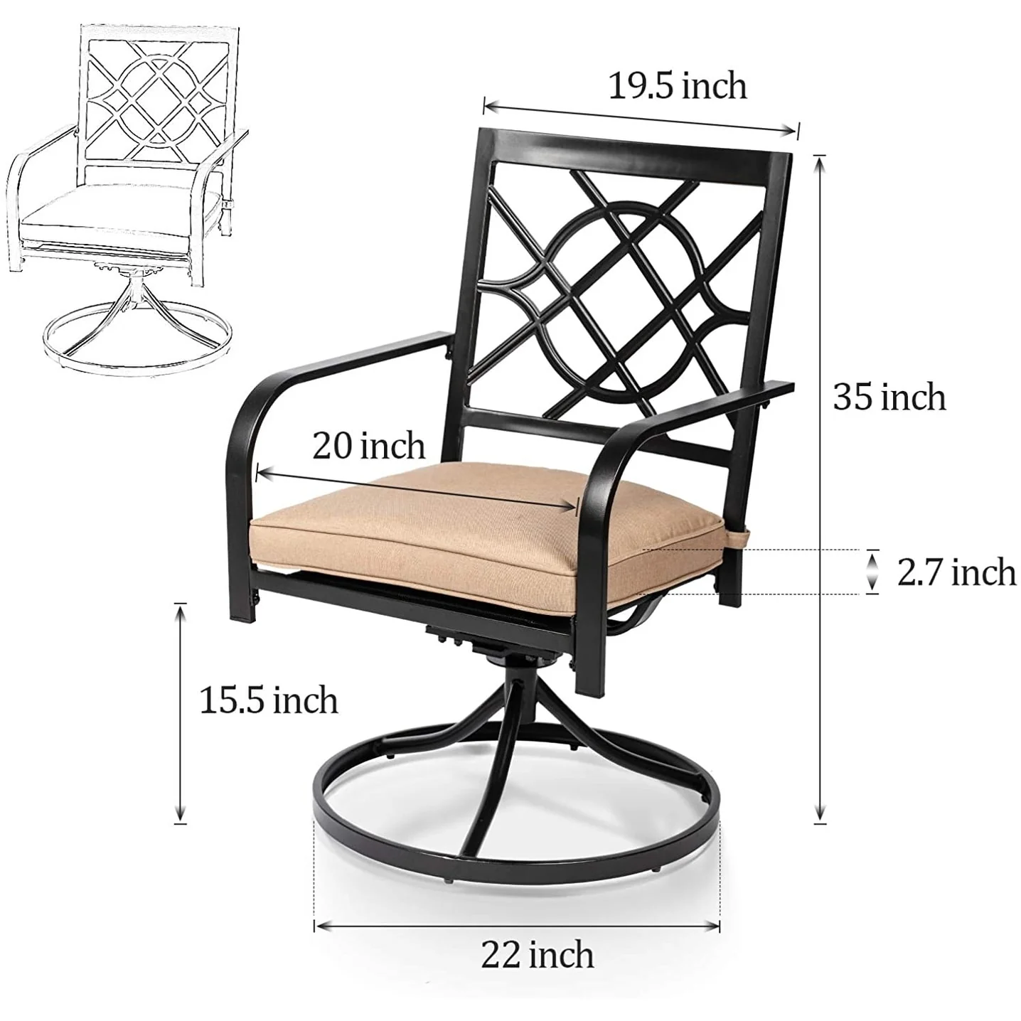 SUNCROWN Outdoor Patio Metal Swivel Dining Chairs with Removable Padded Cushions Set of 2