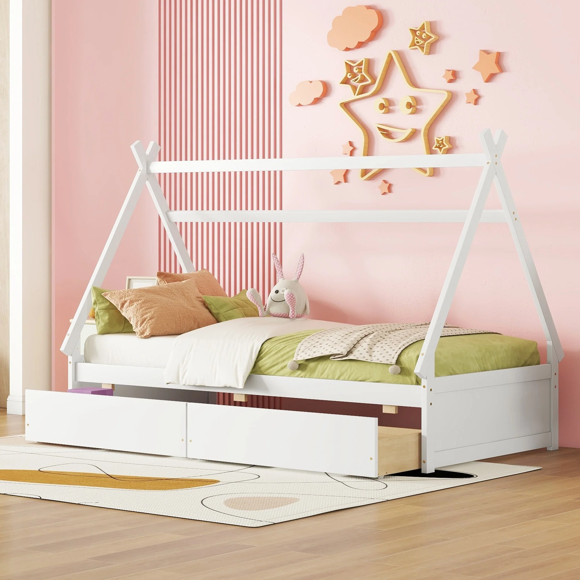 Twin Size House Platform Bed with Drawers, Headboard, and Footboard - Pink Finish