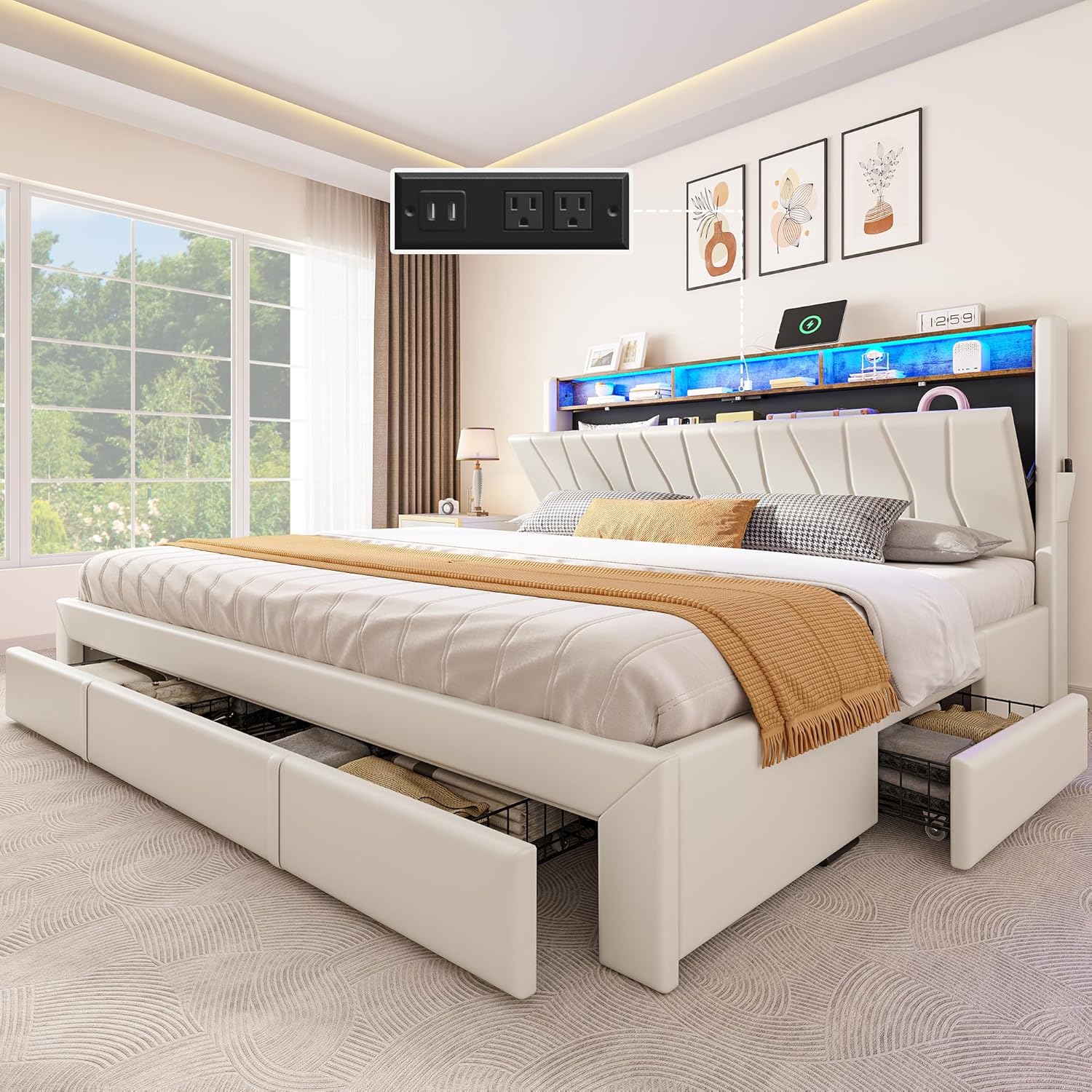 YITAHOME King Size Bed Frame, Storage Bed Frame with 4 Drawers & LED Light, Platform Bed with Storage Upholstered Headboard and Charging Station, No Box Spring Needed, Easy Assembly, Beige