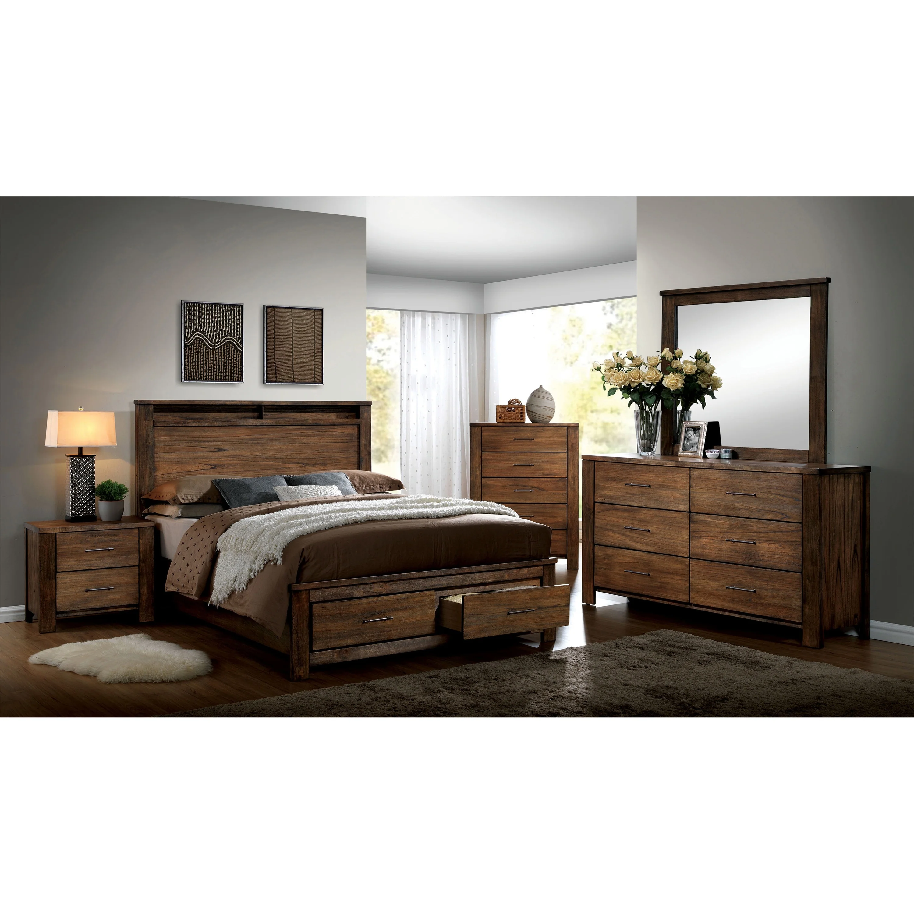 Llewella Rustic Antique Oak Eastern King Wood 2-Piece Storage Platform Bed Set by Furniture of America