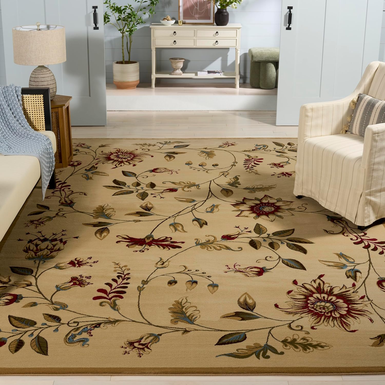 SAFAVIEH Lyndhurst Collection Area Rug - 8' x 11', Ivory & Multi, Traditional Floral Design, Non-Shedding & Easy Care, Ideal for High Traffic Areas in Living Room, Bedroom (LNH552-1291)