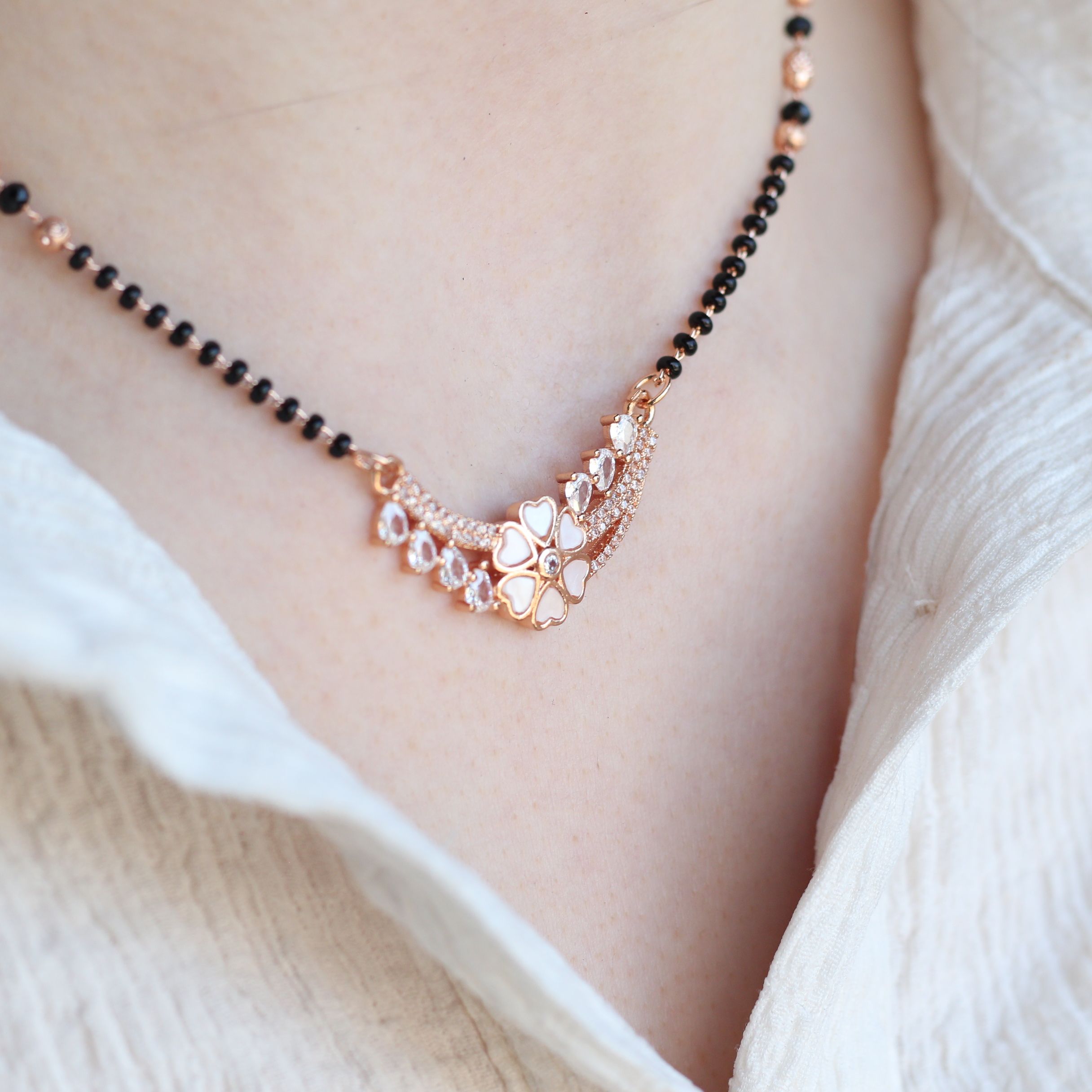 The Colourful Aura Indian Nazarian Floral Rose Gold Zircon Mangalsutra Black Beads Necklace