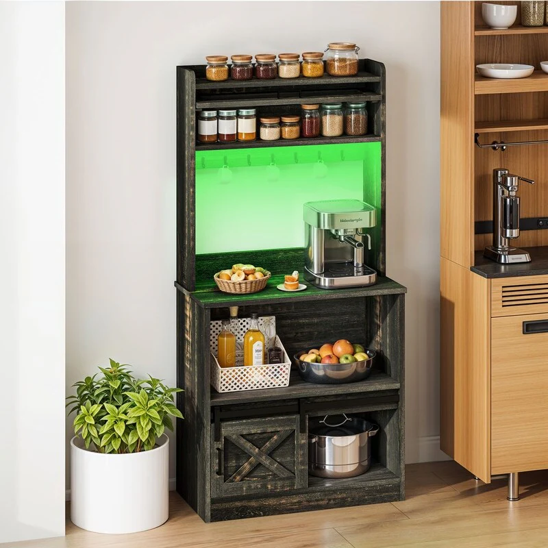 Moasis 5-Tier Bakers Rack with Hooks & LED Lights, Microwave Stand with Power Outlets