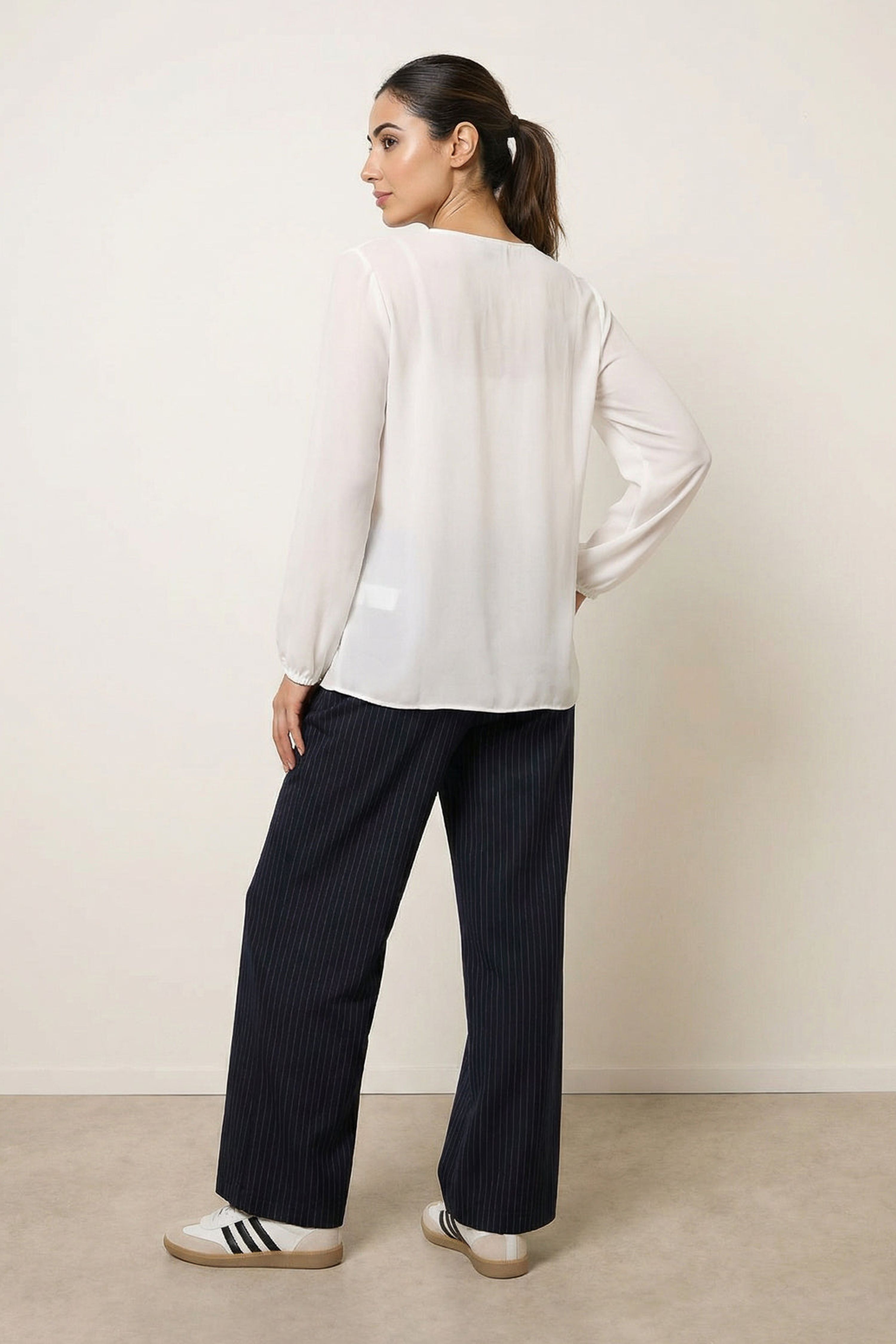 Blue Vanilla Ivory Long Sleeve Pleated Top