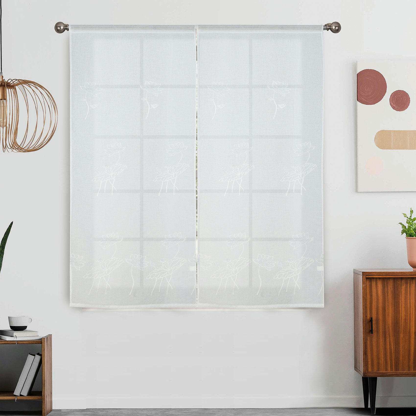 - Paire de vitrages brodée à fleurs polyester ecru 90x160cm