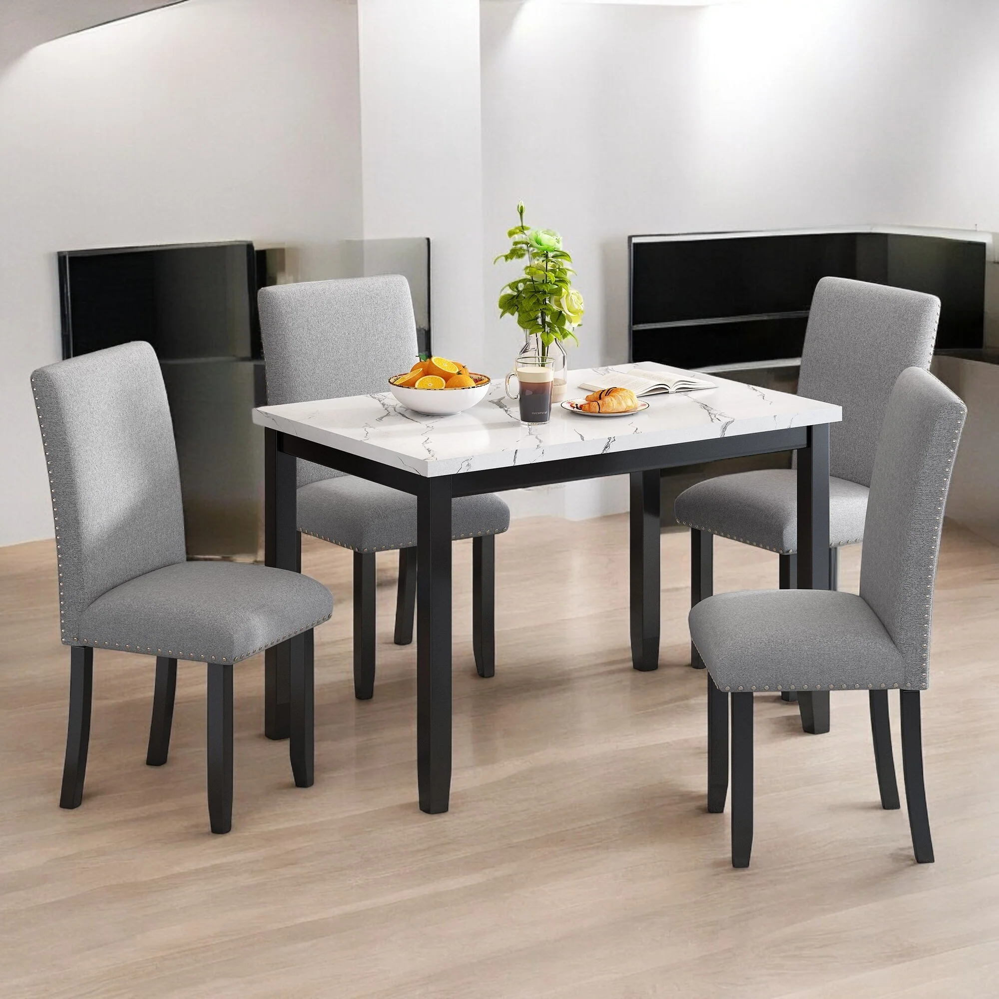 5-Piece Dining Set with Faux Marble Tabletop and 4 Upholstered Chairs, Solid Wood Frame Kitchen Table Set for Dining Room