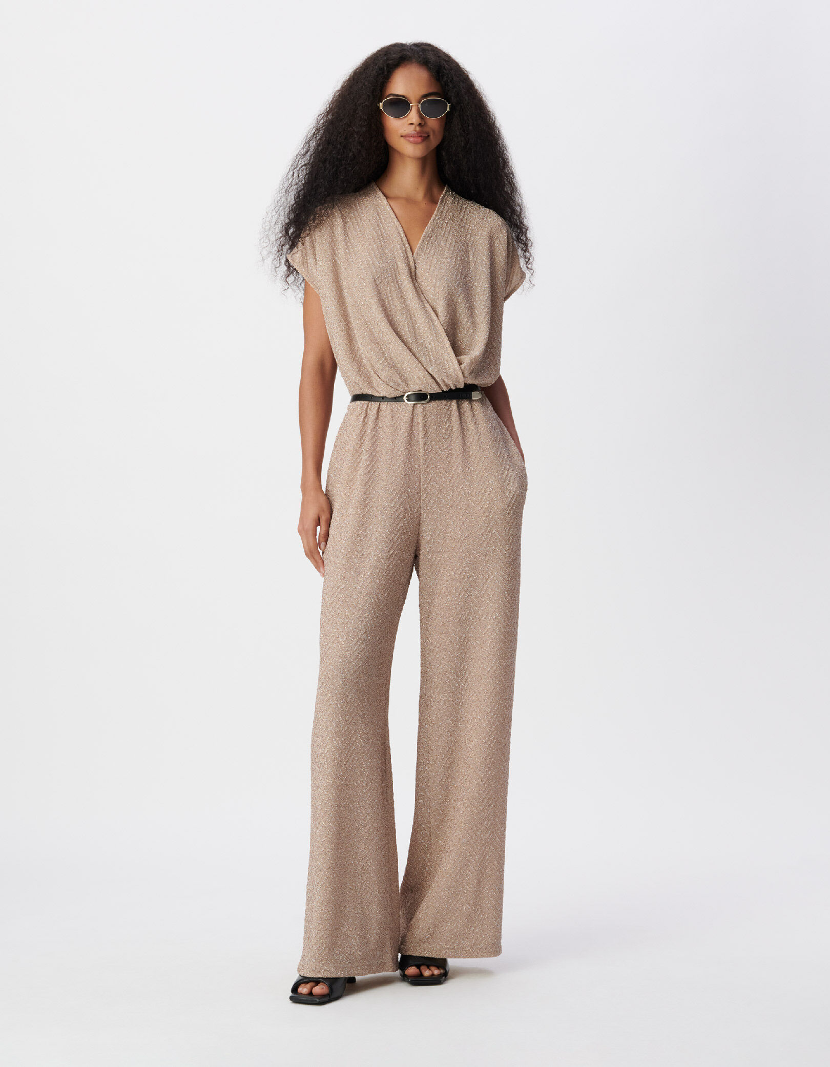 Combinaison-pantalon beige motif chevrons lurex Femme