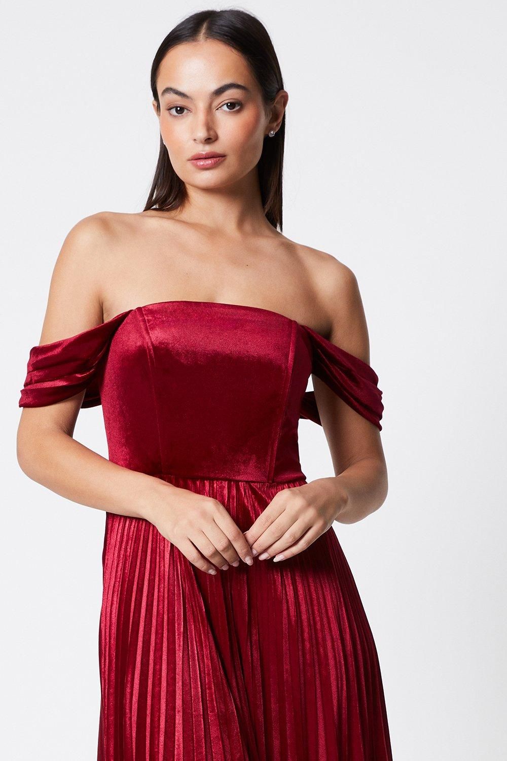 Coast Velvet Bardot Drape Sleeve Pleated Dress