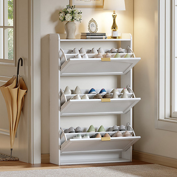 Meuble à Chaussures étroit Blanc 3 Portes, Système Anti-Basculement, Rangement Organisé pour Entrée ou Salon - 76x23x118 cm