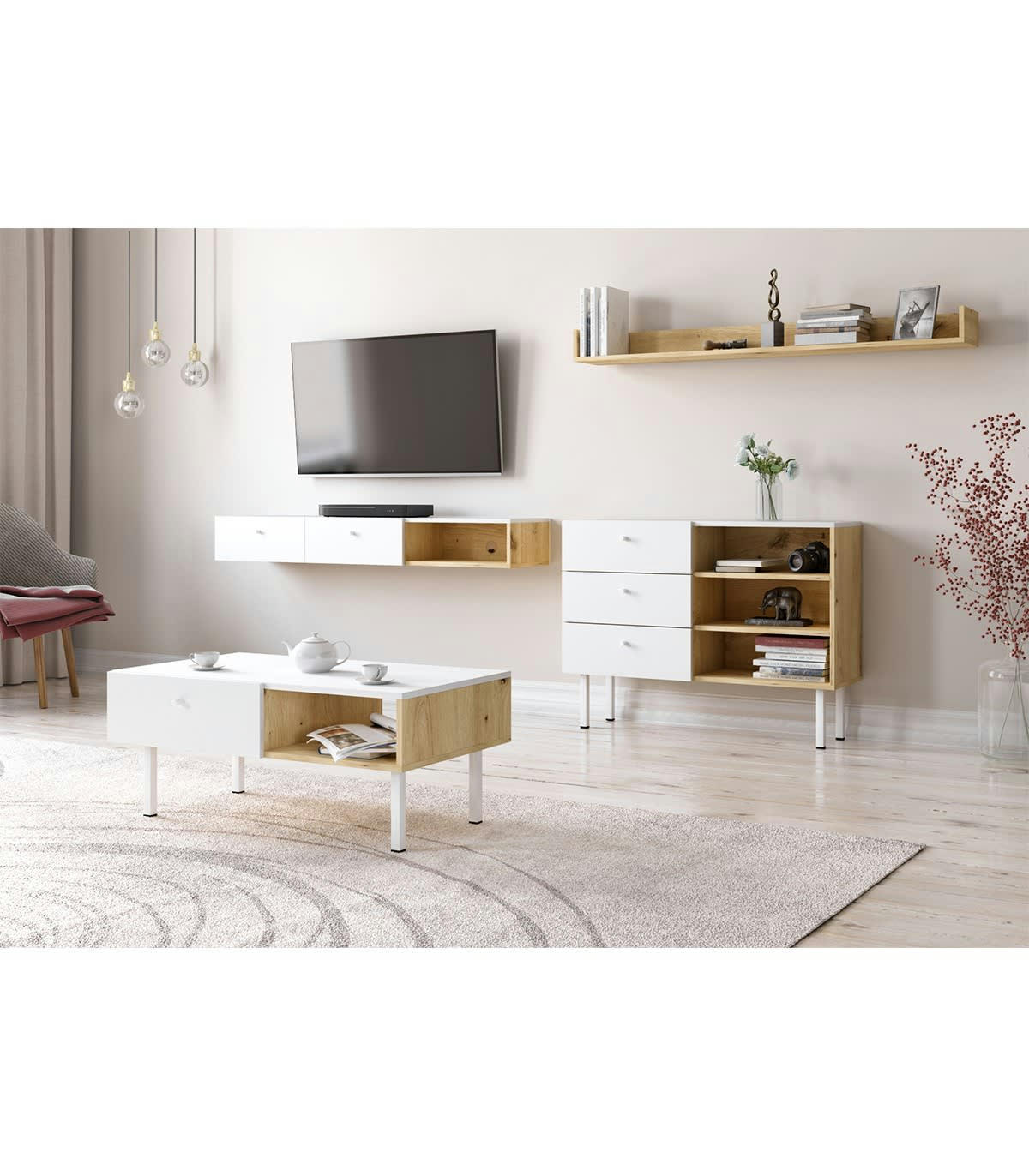 TULIA - Console Murale Suspendue 2 tiroirs 1 niche L140 cm
