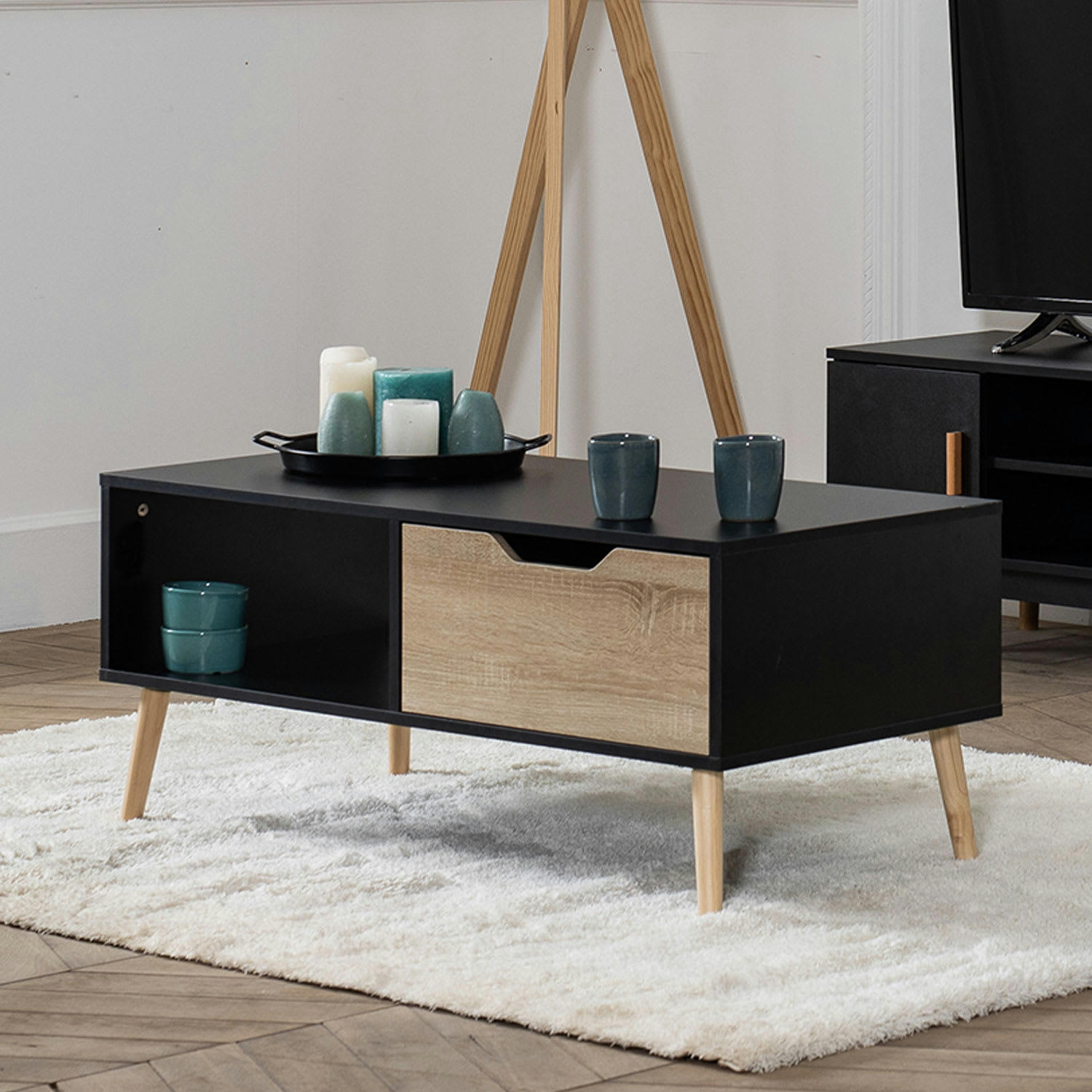 FREJA - Table basse style scandinave noire avec tiroir